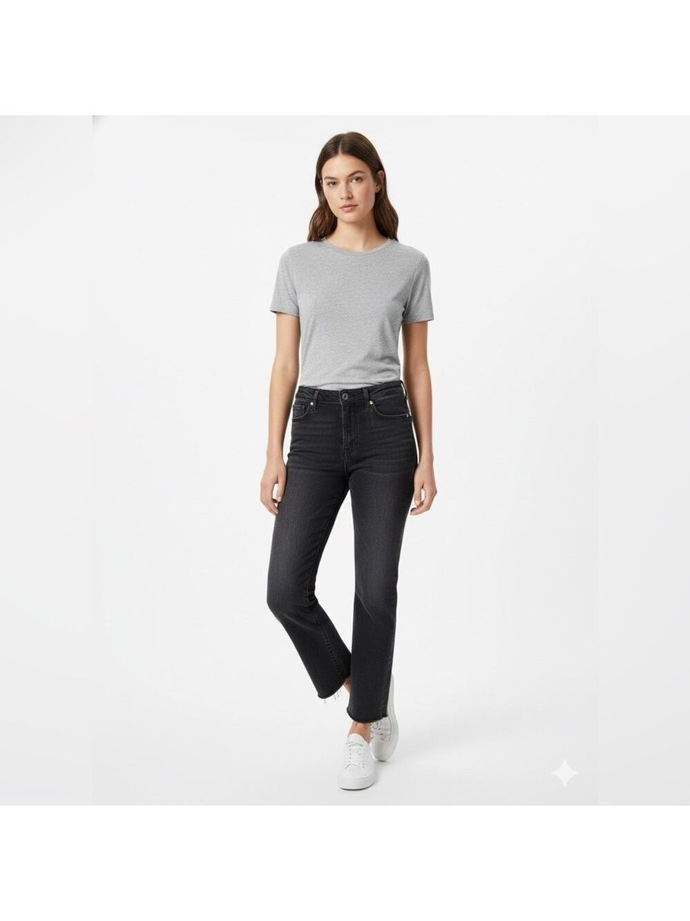 ZARA 100% Cotton Black Washed Cropped Jeans Raw Hem Straight Leg Button Fly  34